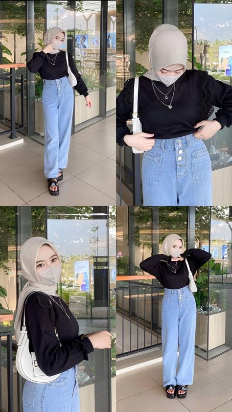 Ootd Korean Style Hijab, Mix And Match Outfit, Korean Style Hijab, Blue Hijab, Ootd Korean Style, Ootd Hijab Casual, Mix Match Outfits, Hijab Style Casual, Casual Hijab