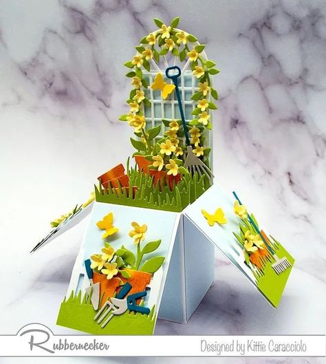 Flower Garden Pop Up Box - Rubbernecker Blog Kraft Cards, Box Cards Tutorial, Pop Up Box, Pop Up Box Cards, Box Cards, Card Tutorial, Marianne Design, Handmade Greetings, Rubber Stamping