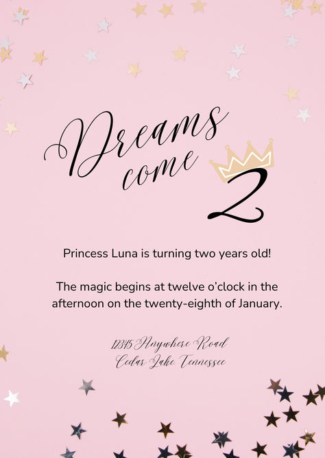 Celebrate Dreams Come True or Dreams Come 2 with your princess girl. Customize the birthday invitation template with Canva. Two Year Old Princess Birthday Party, Princess Party Invitations, 2nd Birthday Party For Girl, Template Invitation, Princess Invitations, 2nd Birthday Invitations, 2 Birthday, Birthday Invitation Template, Princess Birthday Party