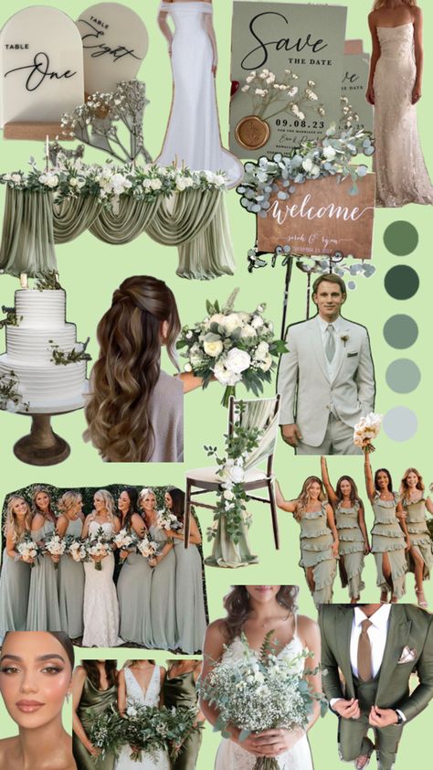 Moss Green And Champagne Wedding, Sage Wedding Party, Olive Green Wedding Theme Color Schemes, Sage Green And Champagne Wedding, Sage Green Bridal Party, Forest Green Wedding Theme, Sage Green Wedding Party, Green Wedding Palette, Forest Green Wedding