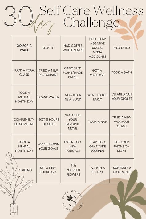 30 Day Self Care, Self Care Worksheets, Self Care Challenge, Wellness Challenge, Wellness Activities, Therapeutic Activities, Bingo Card, Activities For Adults, Therapy Worksheets