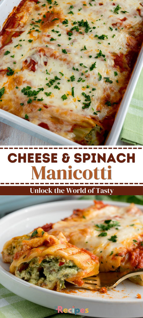 Baked Manicotti, stuffed with ricotta, parmesan, mozzarella, and spinach, bathed in marinara sauce, and topped with shredded mozzarella cheese, is an impressive-looking but easy-to-make baked pasta dish that the whole family will enjoy! Manicotti Spinach Ricotta, Make Ahead Manicotti, Seafood Stuffed Manicotti Recipe, Shredded Mozzarella Cheese Recipe, Manicotti Recipe Spinach, Spinach Manicotti Recipe, Caneloni Recipe, Spinach Manicotti, Baked Manicotti