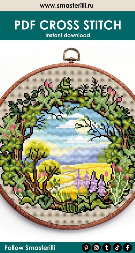 Unleash your creativity with our easy-to-use PDF cross stitch pattern. Craft a peaceful summer landscape highlighted by a charming green wreath composed of trees, branches, and leaves. Adding a touch of radiance, the scene includes shimmering golden fields. #smasterilli #crossstitch #crossstitchpattern #landscapecrossstitch #summerscene #flowerwreath #wreathembroidery Floral Wreath Cross Stitch, Wreath Cross Stitch Pattern, Peaceful Summer, Summer Scenery, Wreath Cross Stitch, Wreath Cross, Golden Fields, Summer Scenes, Cross Stitch Thread