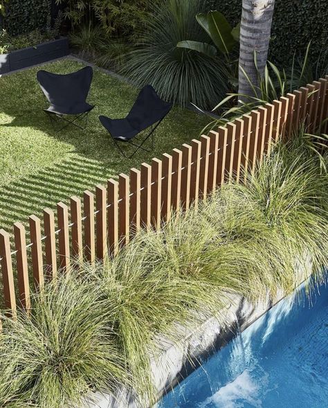 Pool Fencing Landscaping, Landscape Design Pool, Backyard Raised Garden, Calm Green, Garden Gates And Fencing, Modern Fence Design, Pool Landscape, Sloped Backyard, Pool Remodel