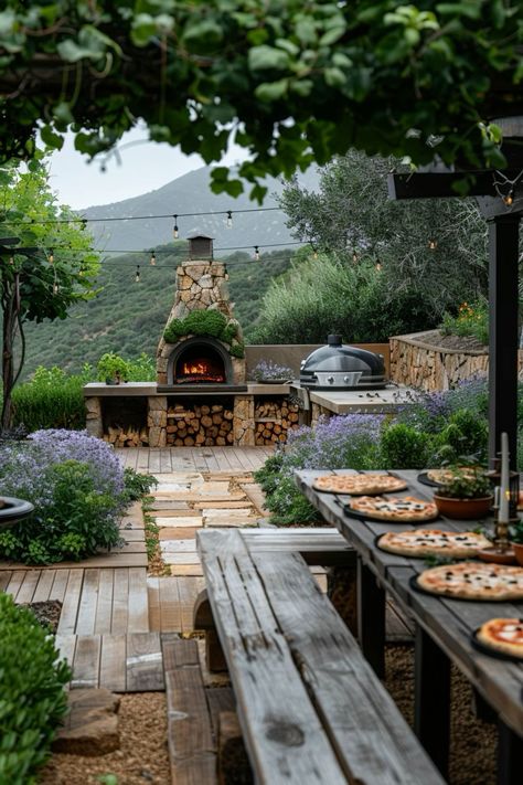 Garden Kitchen Pizza Oven, Mediterranean Garden Dining Area, Garden With Pizza Oven, Kitchen Garden Dining Area, Alfresco Garden Ideas, Mediterranean Outdoor Living, Outdoor Dining Mediterranean, Outdoor Stone Oven, Garden Pizza Oven Area