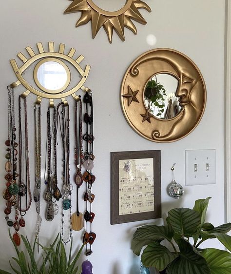 hippie witch room decor eye moon mirror Sun And Moon Mirror Wall Decor, Moon Living Room Decor, Mystic Room Decor, Hippy Wall Decor, Witchcraft Room Decor, Moon And Stars Room Decor, Witch Room Decor Ideas, Witch Aesthetic Room Decor, Celestial Living Room Decor