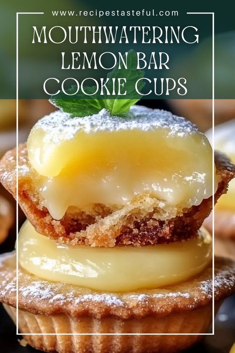 Delightfully tangy and sweet, these Lemon Bar Cookie Cups feature a buttery cookie base filled with luscious lemon curd, dusted with powdered sugar for the perfect finishing touch. Lemon Bar Cookie Cups, Lemon Bar Cookies, Cookie Base, Lemon Bar, Buttery Cookies, Cookie Cups, Lemon Bars, Christmas Goodies, Lemon Curd