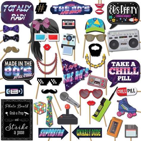 PRICES MAY VARY. Get the Perfect 80s Selfies: These funny 80s photo booth props are the perfect addition to your 80s party. Includes 40 props, one 8"x10" sign, 60 adhesive pads, and 45 sticks. Inspire Creative Photos: With a variety of colorful props, your guests can capture the perfect shots. These family friendly 1980s party decorations work well for kids as well. Durable Cardstock for Longer Photoshoots: These 80's party decorations are printed on high-quality cardstock that won't easily bend 80s Photo Booth, 1980s Party Decorations, 80s Party Decorations, 80's Theme, 80s Birthday Parties, Throwback Party, 1980s Party, Birthday Props, Pc Photo