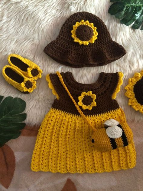 Crochet Sunflower Dress, Crochet Baby Photo Prop, Crochet Baby Costumes, Crochet Curtain Pattern, Crochet Baby Hat Patterns, Crochet Baby Dress Pattern, Sunflower Dress, Baby Hat Patterns, Knit Baby Sweaters