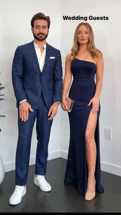 Couple Cocktail Outfits, Attending Wedding Outfit Ideas, Couple Wedding Guest Outfits Summer, Suit And Dress Couple Outfit, Couples Formal Outfits, Couple Outfits Wedding Guest, Matching Couple Wedding Guest Outfits, Matching Outfits For Couples Formal, Old Money Wedding Guest Dress