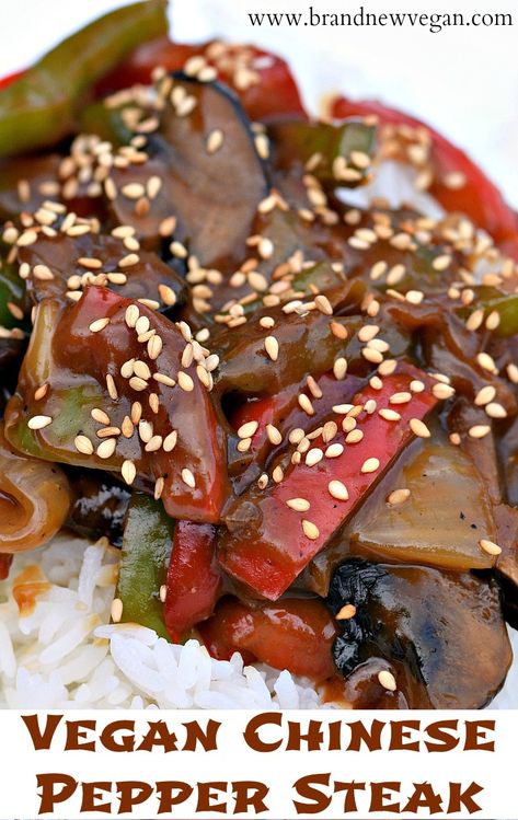 Vegan Pepper Steak Recipe, Peper Steak, Chinese Pepper Steak, Mcdougall Recipes, Pepper Steak Recipe, Vegan Chinese, Vegan Steak, Vegan Muscle, Alkaline Recipes