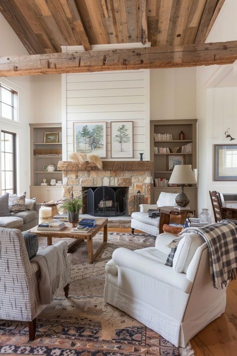 Design a rustic/farmhouse modern style living room with these shiplap fireplace ideas. Rustic Fireplace Living Room, Family Room Fireplace Built Ins, Fireplace With Rock And Shiplap, Vintage Farmhouse Fireplace, Shiplap Above Stone Fireplace, Stone Fireplace With Shiplap Above, Rooms With Shiplap, Fireplace Ideas Rustic, Stone And Shiplap Fireplace