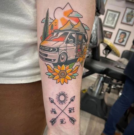 Campervan traditional tattoo Campervan Tattoo, Vw Tattoo, Cherry Tattoos, Fresh Tattoo, Transporter T5, Sunflower Tattoo, Vw Campervan, Vw T5, American Traditional Tattoo