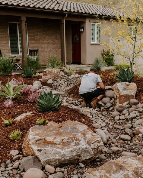 In honor of #twosday (2/22/22) 👉🏼Two of our favorite dry stream bed projects!🌱#plantaholicproject #ríosueñoproject⁣ ⁣ If you’re… | Instagram No Grass Yard, Dry Stream Bed, Dry Riverbed Landscaping, Desert Landscape Front Yard, Dry Stream, Texas Landscaping, Xeriscape Landscaping, Stream Bed, River Rock Garden