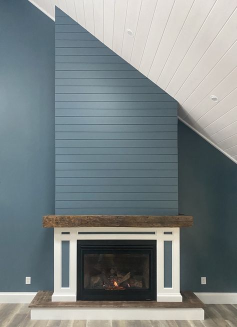 Blue Shiplap Overmantel - WindsorONE Blue Shiplap Fireplace, Navy Blue Shiplap Wall, Blue Shiplap Wall, Shiplap Fireplace Ideas, Blue Shiplap, Rustic Farmhouse Fireplace, Diy Shiplap Fireplace, Coastal Fireplace, House Fireplace