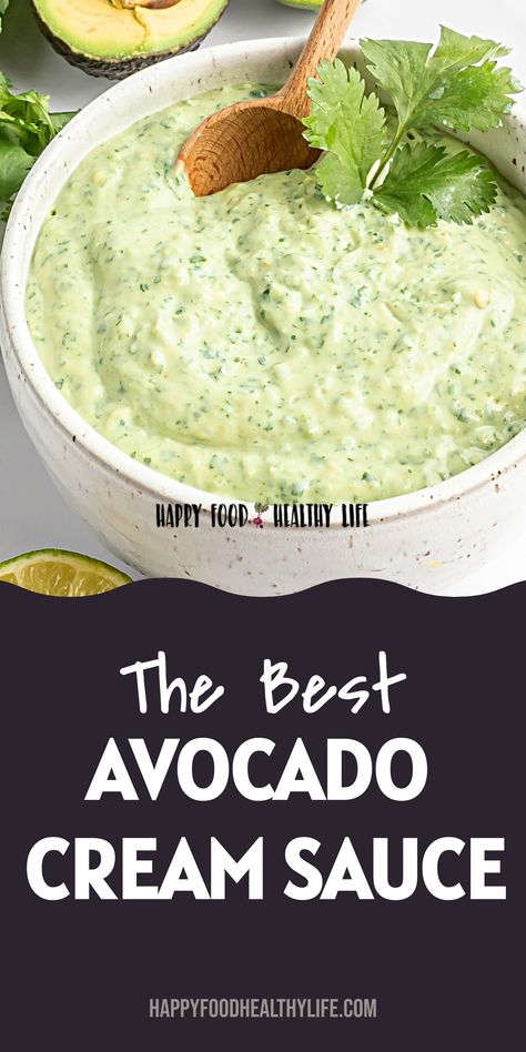 Looking to add a pop of flavor to your meals? Try this easy Avocado Cream Sauce recipe! It's dairy-free and so creamy, you won't believe it's vegan. This avocado crema is perfect for dipping, drizzling, or spreading on your favorite dishes. Whip up this avocado sauce in just 5 minutes and watch your meals shine with deliciousness.  | avocado cream sauce non dairy | Avocado Dipping Sauce | Avocado Lime Crema | Avocado Cream Sauce For Tacos, Avacodo Recipe Idea Healthy, Avacado Cream, Avacado Dip, Avocado Lime Crema, Avocado Sauce Recipe, Avocado Lime Ranch Dressing, Avocado Sauce Pasta, Avocado Dipping Sauce