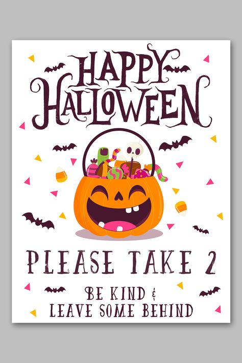 Grab this set of free Halloween candy signs. They include: Halloween candy take 1 (2, and 3) signs, an out of Halloween candy sign, a come on in welcome Halloween sign, and a generic Happy Halloween sign. These are great to tell trick or treaters how much candy to take when you can't be home. Or to leave a note when you run out of candy! Trick Or Treating Sign Take One, Sign For Trick Or Treaters When Not Home, Halloween Trick Or Treat Sign Printable Free, Trick Or Treat Take One Sign, Take Candy Sign Halloween, Trick Or Treat Candy Sign, Take 1 Candy Sign Halloween, Take One Halloween Candy Sign, Halloween Candy Signs Printable