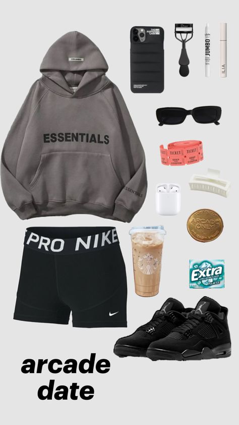 #arcadedate #date #wiww #essentials #jordans #nike #nikepros #arcade #ticket #jordan4 #outfitinspo #whatiwouldwear Jordans Nike, Cute Nike Outfits, Cute Gym Outfits, Casual Preppy Outfits, Cute Lazy Day Outfits, Cute Lazy Outfits, Lazy Outfits, Lazy Day Outfits, Easy Trendy Outfits