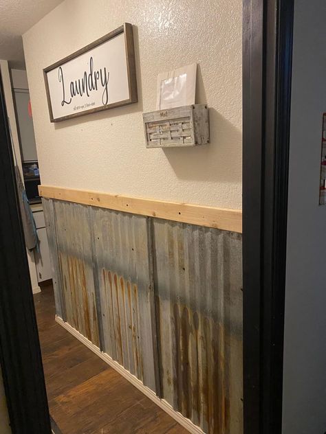 Tin Laundry Room Walls, Galvanized Metal Half Wall, Galvanized Half Wall, Galvanized Wall Ideas, Galvanized Steel Wall, Galvanized Tin Walls, Room 101, Country Living Decor, Galvanized Metal Wall