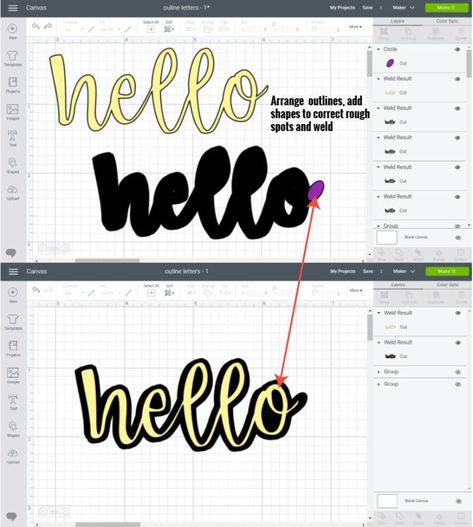 Adding a thick outline to Cursive fonts in Cricut Design Space. Cricut Lettering Tutorials, How To Make Outlined Letters On Cricut, How Do I Make An Outline Of My Letters For Cricut, Cricut Outline Letters, How To Outline Letters On Cricut, Thick Cursive Font, Diy Cricut Projects, Outline Font, Vinyle Cricut