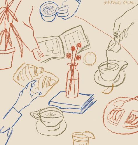 Paint And Sip Inspiration, Food Table Illustration, Table Setting Illustration, Single Line Illustration, Tablescape Drawing, Abstract Food Illustration, Brunch Doodle, Tablescape Illustration, Dining Illustration