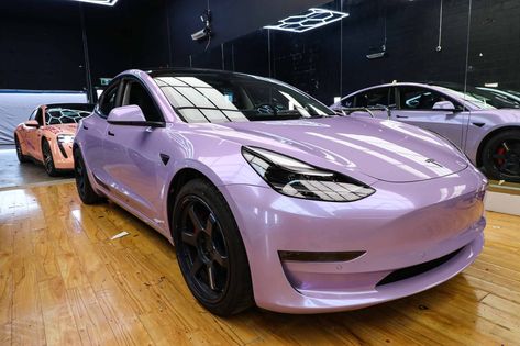 Purple Tesla Model 3, Lavender Wrapped Car, Lavender Car Wrap, Tesla Wrap Ideas, Tesla Model Y Wrap Colors, Tesla Y Wrap, Tesla Model 3 Wrap Ideas, Wrapped Tesla Model 3, Tesla Colors