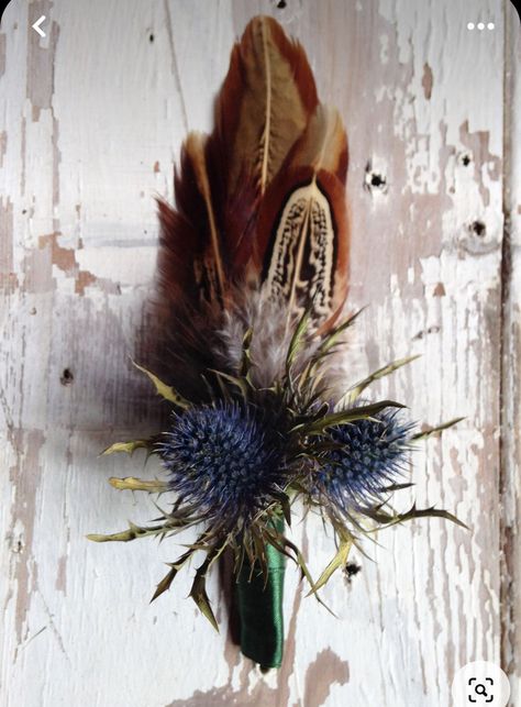 Feather And Flower Bouquet, Pheasant Feather Boutonniere, Pheasant Feather Wedding, Cowboy Formal, Winter Wedding Table Centerpieces, Feather Wedding Decorations, Christmas Wedding Flowers, Flower Swag, Prom Corsage And Boutonniere