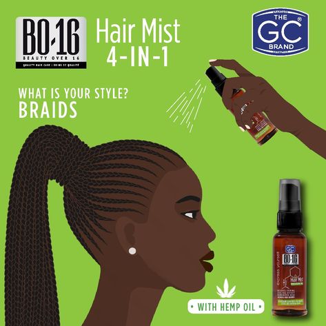 What's your style — Natural or Afro? Guess what? Healthy hair starts with a healthy scalp! The NEW BO-16 4-in-1 Hair Mist relieves itching, provides a cooling effect, deodorises, and promotes hair growth. It also contains Hemp oil to reduce frizz and increase shine. BO-16, Express Yourself! #BO16 #HairMist #Loveyourhair #GhandourCosmetics Hair Mist, What's Your Style, Hair Starting, Love Your Hair, Healthy Scalp, Promotes Hair Growth, Hemp Oil, 4 In 1, Braid Styles