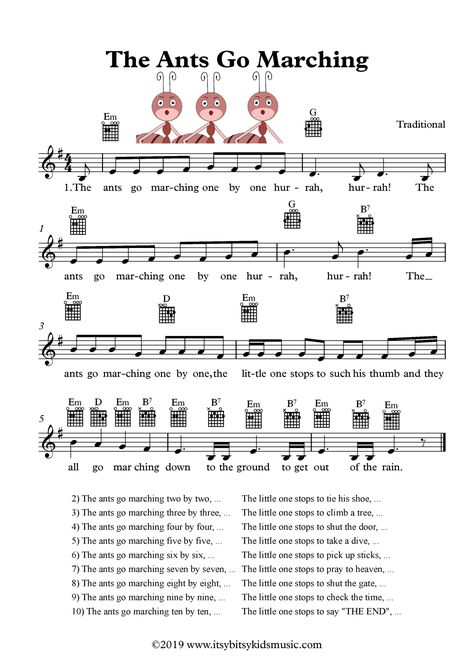 The Ants Go Marching One By One Shet Music With Chords And Lyrics The Ants Go Marching Song, The Ants Go Marching One By One Lyrics, Ants Go Marching Song, Childhood Songs, The Ants Go Marching, Ants Go Marching, Toddler Songs, Song Sheet Music, Nursery Rhymes Lyrics