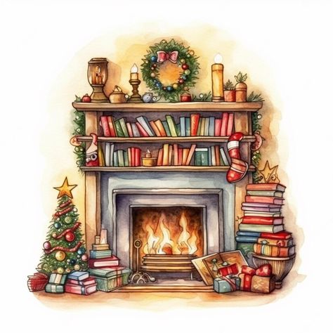 Snowman And Christmas Tree Painting, Christmas Fireplace Painting, Christmas Fireplace Drawing, Fireplace With Books, Xmas Tree Drawing, Festive Watercolour, New Year Drawing Ideas, Fireplace Painting, Fireplace Paint