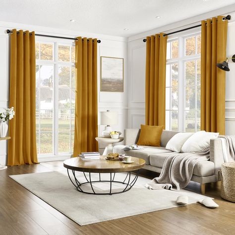 PRICES MAY VARY. Luxurious Softness: Our velvet curtains are crafted from premium quality, ultra-soft thick fabric that adds a touch of elegance to any room. Choose from a range of stunning colors including grey, olive green, mustard yellow, orange, red, and cream. Set of 4 Panels for Complete Coverage: Our velvet curtains come in a set of 4 panels, providing you with ample coverage for larger windows or sliding doors. Achieve the perfect balance of functionality and style with ease. Room Darken Yellow Velvet Curtains, Mustard Yellow Curtains, Curtains Blackout, Yellow Curtains, Soft Luxury, Curtains For Living Room, Darkening Curtains, Velvet Curtains, Room Darkening Curtains