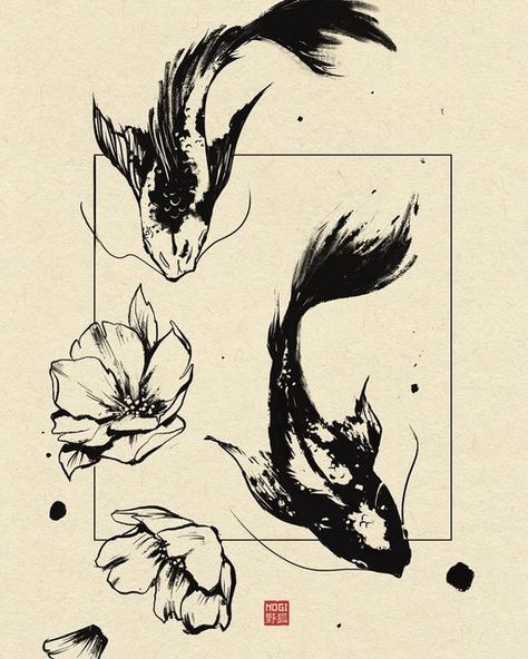 Black And White Koi Fish Drawing, Koi Ink Drawing, Japanese Koi Fish Painting, Koi Fish Upstream Tattoo, Koi Fish With Water Tattoo, Pretty Koi Fish Tattoo, Japanese Coy Fish Art, Sumi Ink Drawing, Koi Fish Ink Drawing