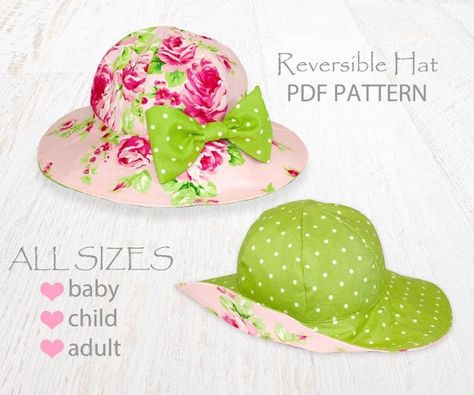 Reversible Sun Hat - Baby, Child, Adult | Craftsy Girls Hat Pattern, Pola Topi, Patterns For Kids, Sewing Hats, Hat Patterns To Sew, Kids Hat, Beginner Sewing Projects Easy, Sewing Patterns For Kids, Hat Ideas