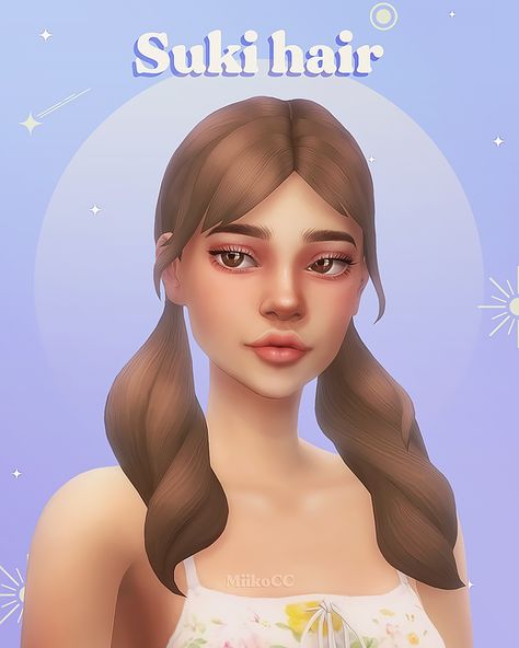 Suki hair | Miiko on Patreon Pigtails Hairstyle, Cute Pigtails, French Braid Pigtails, Fake Bangs, Mark Brown, Sims 4 Anime, Parted Bangs, Pigtail Hairstyles, Sims 4 Cc Packs