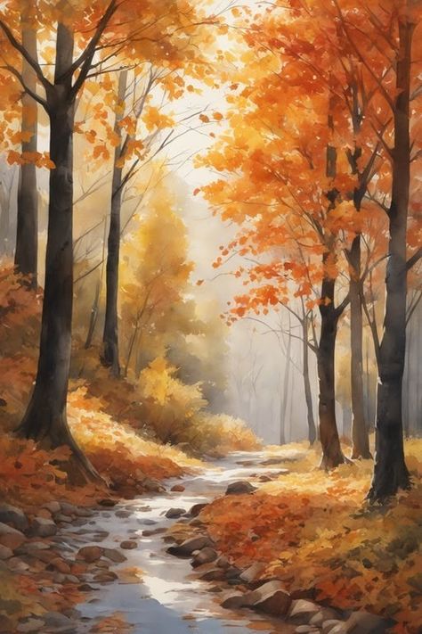 Autumn Scenes Landscapes, Fall Forest Drawing, Fall Forest Watercolor Painting, How To Paint Autumn Trees, Autumn Landscape Painting Easy, Fall Forest Watercolor, Forest Trees Painting, Autumn Forest Drawing, Autum Paintings Easy