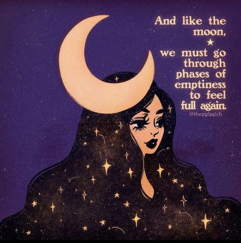 A girl with gold sparkles on her dark hair sitting under the purple stars, with a gold crescent moon on top of her hair/head.  Text saying to the side of the girl “and like the moon, we just go through phases of emptiness to feel full again” Spiritual Art, Quote Aesthetic, Pretty Words, Yin Yang, Pretty Quotes, Third Eye, Art Inspo, The Moon, Aesthetic Wallpapers