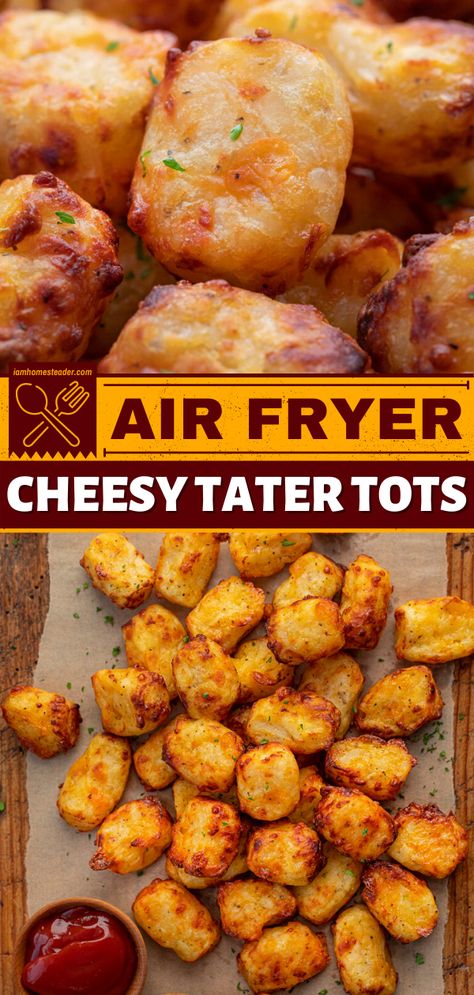 Tator Tot Recipe, Homemade Tater Tots, Cheesy Tater Tots, Tater Tot Recipes, Homemade Appetizer, Cheesy Appetizer, Shredded Potatoes, Protein Food, Air Fryer Oven Recipes