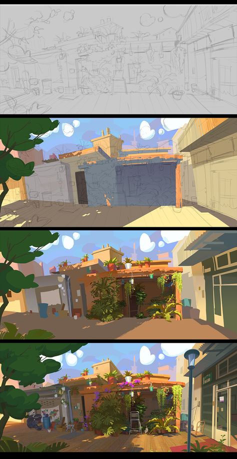 Background Drawing Digital, Digital Art Buildings Tutorial, How To Paint Environments Digital, How To Draw Street, Background Coloring Tutorial, Environment Concept Art Tutorial, Coloring Backgrounds Tutorial, Backgrounds Art Reference, Street Background Drawing