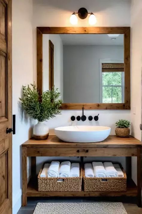 Bathroom Sink Outside Of Bathroom, Open Vanity Bathroom, Restroom Vanity Ideas, Bathroom Diy On A Budget, Rustic Bathroom Designs Farmhouse Style, Affordable Bathroom Ideas, Bathroom Design Vanity, Diy Sink Vanity, Bathroom Style Ideas