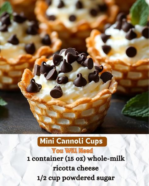 Jamie Oliver Recipes | Delicious Mini Cannoli Cups 🍰 | Facebook Cannoli Cups, Mini Cannoli, Mini Pie Crust, Italian Cannoli, Cannoli Filling, Mini Pastries, Jamie Oliver Recipes, Pastry Desserts, Pastry Dough