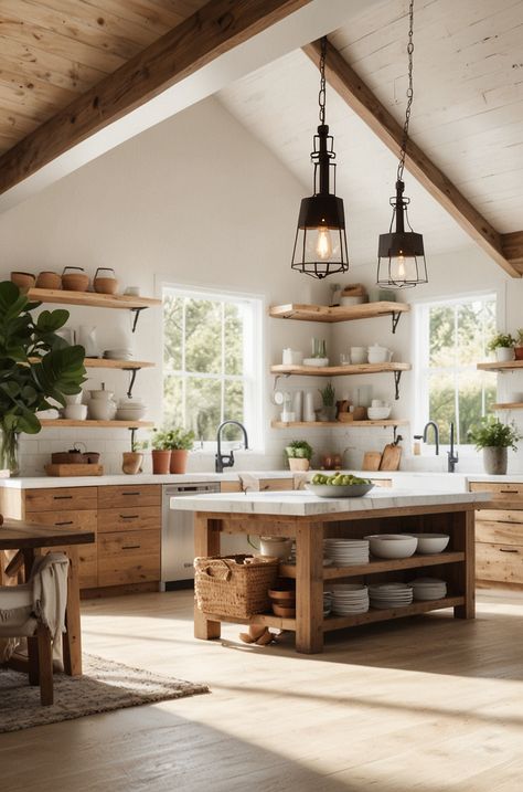 Oak Open Shelves Kitchen, Cabin Open Shelving Kitchen, Floating Shelves Live Edge Oak Kitchen Wood, Rustic Kitchen Cabinets Farmhouse Style Wood Open Shelves, Cottagecore Kitchen Wood Cabinets, Spanish Style Kitchen, Barn Kitchen, Barn House Design, Freestanding Kitchen