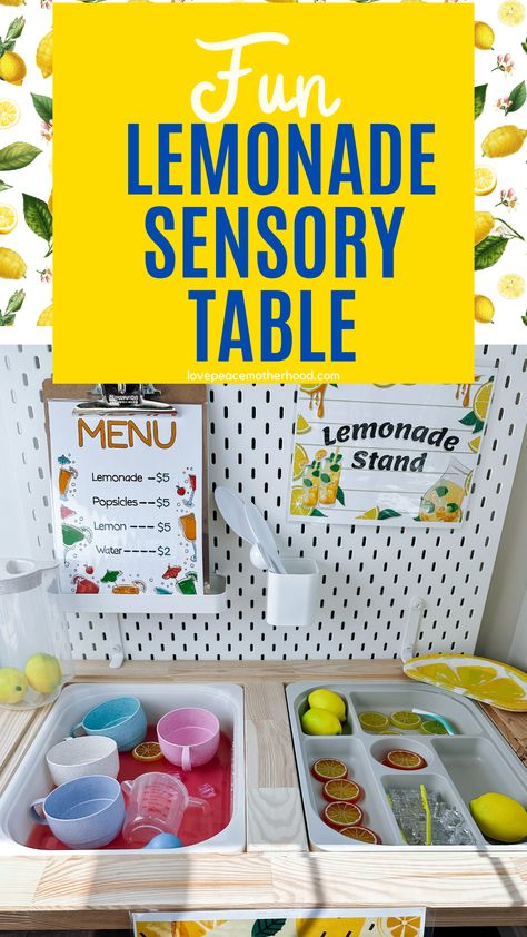 As the weather warms up, it’s the perfect time to engage children in fun and creative outdoor activities. My kids love a lemonade stand and they love sensory activities. So I decided to create a pretend lemonade stand, featuring this fun lemonade stand sensory bin. This is a fun sensory activity to set up outside to minimize the mess clean up.  outside play summer activities pretend lemonade stand sensory activities Lemonade Sensory Bin, Lemonade Activities For Preschool, Lemonade Activities, Lemonade Menu, Fun Lemonade, Toddler Entertainment, Kids Lemonade, Sensory Activities For Preschoolers, Learning Games For Toddlers