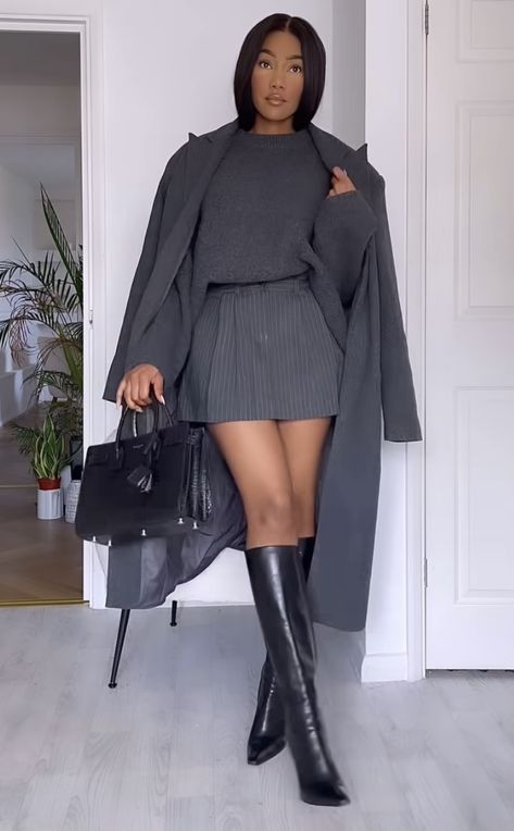 Winter Office Wear Black Women, Chic Black Sweater Dress For Work, Black Winter Workwear Skirt, Gray Skirt For Winter Workwear, Postgraduate Outfit, Glamorous Black Winter Skirt, Grey Fits, Hello Thirty, Cold Day Outfits