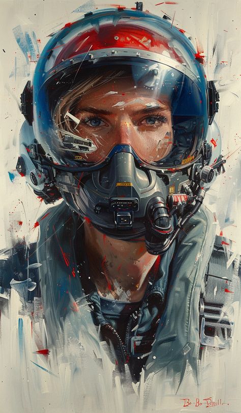 an impressionistic oil painting of a futuristic fighter pilot with helmet, visor down, internal heads up display on the light blue face shield shows flight and weapon data, handsome man, rugged, weathered 30 year old, in the style of Aldo Balding --v 6  --stylize 750 Futuristic Pilot, Aldo Balding, Futuristic Portrait, Fighter Pilot Helmet, Heads Up Display, Futuristic Helmet, Pilots Art, Army Helmet, Helmet Visor