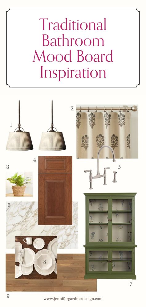 Traditional Kitchen Mood Board, Small Bathroom Mood Board, Bathroom Mood Boards, Interior Design Vision Board, Transitional Interior Design, Traditional Bathroom Designs, Timeless Bathroom, Kitchen Mood Board, Classic Bathroom