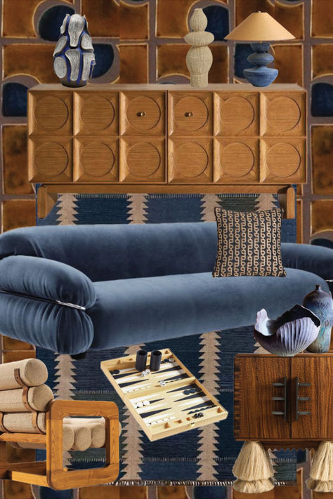 Moodboard For Living Room, Blue Furniture Aesthetic, 2025 Interior Design, Blue And Brown Interior, Organic Modern Color Palette, Mid Century Organic Modern, Mid Century Cozy, Hampton Bedroom, Blue And Brown Living Room