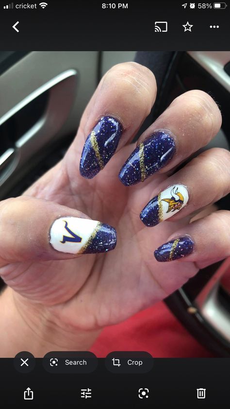 Vikings Nail Designs, Vikings Nails, Mn Vikings Nails, Minnesota Vikings Nails, Viking Nails, Football Nail Designs, Football Nails, Gold Nails, Purple Gold