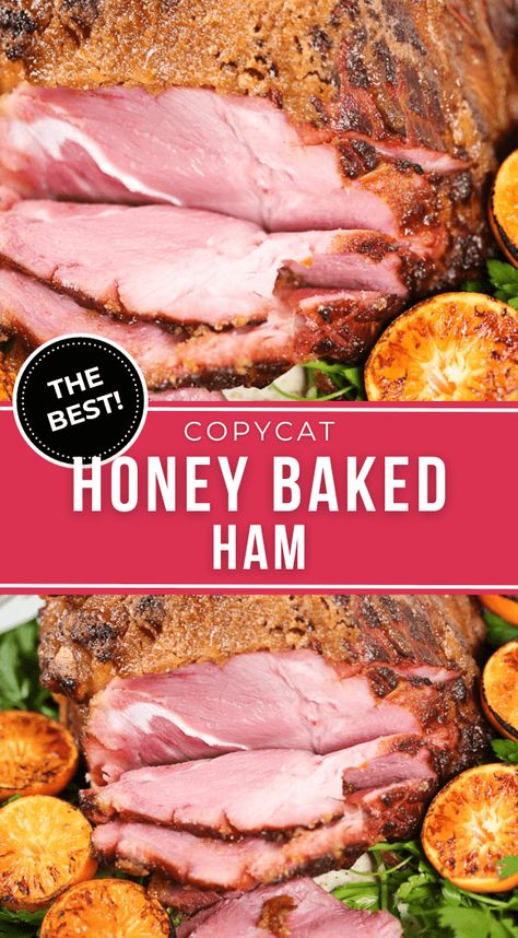 This copycat Honey Baked Ham recipe is amazing. The sweet glaze and seasoned rub compliment salty ham perfectly. Honey Baked Ham Recipe, Ham Recipes Baked, Christmas Dinner Ideas, Thanksgiving Turkeys, Ham Glaze Recipe, Sweet Glaze, Honey Ham, Honey Baked Ham, Holiday Ham