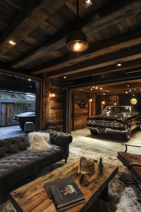 ultimate-garage Garage Seating Area, Hang Out Garage Ideas, Man Caves In Garage, Cool Garage Ideas Hangout, Cozy Garage Ideas, Aesthetic Garage Interior, Masculine Garage, Big Garage Ideas, Garage Mancave Ideas