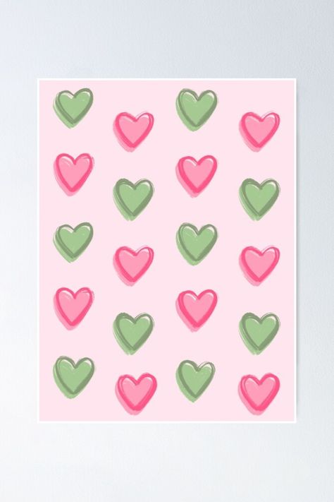 Pink and Green Dorm Pink And Green Prints Aesthetic, Pink And Green Aesthetic Vintage, Green And Pink Dorm, Pink Dorm Aesthetic, Dorm Decor Green, Pink And Green Prints, Heart Wall Print, Dorm Paintings, Hearts Poster